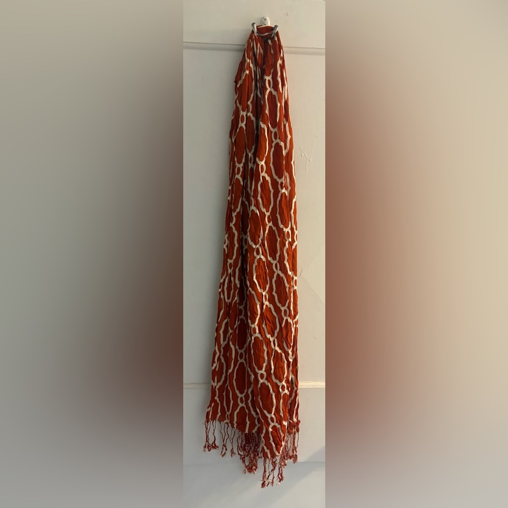 Spartina 449 Orange Patterned Scarf with Fringe 100% Viscose